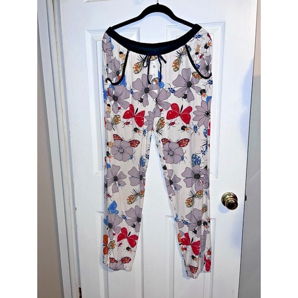 JOSIE Natori Rayon Butterfly Print Elastic Waist Pockets Pajama Pants Sz M